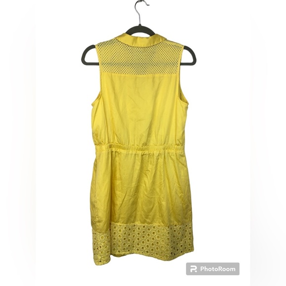 Elle Women’s Dress Eyelet Sunny Yellow Collared Elastic Waist Tie Lined - Picture 2 of 11